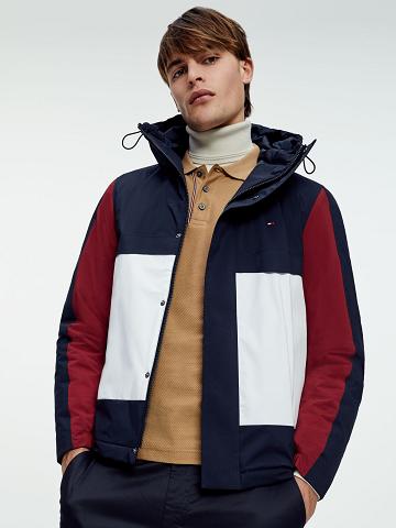 Férfi Tommy Hilfiger Recycled hooded colorblock Kabát Sötétkék Piros Fehér | HU 1199PJJ